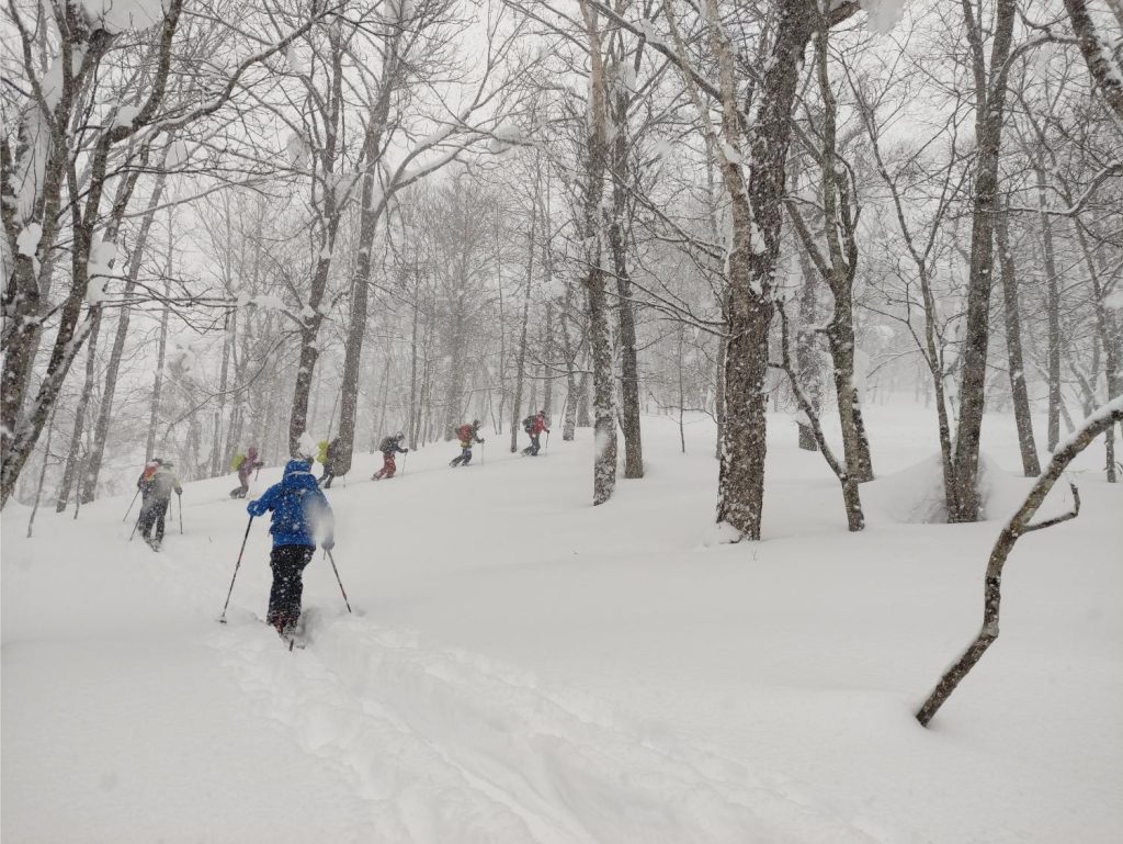 Un grupo de esquiadores de montaña progresa por las laderas nevadas hacia la cima del Monte Yotei, en Hokkaido, Japón.