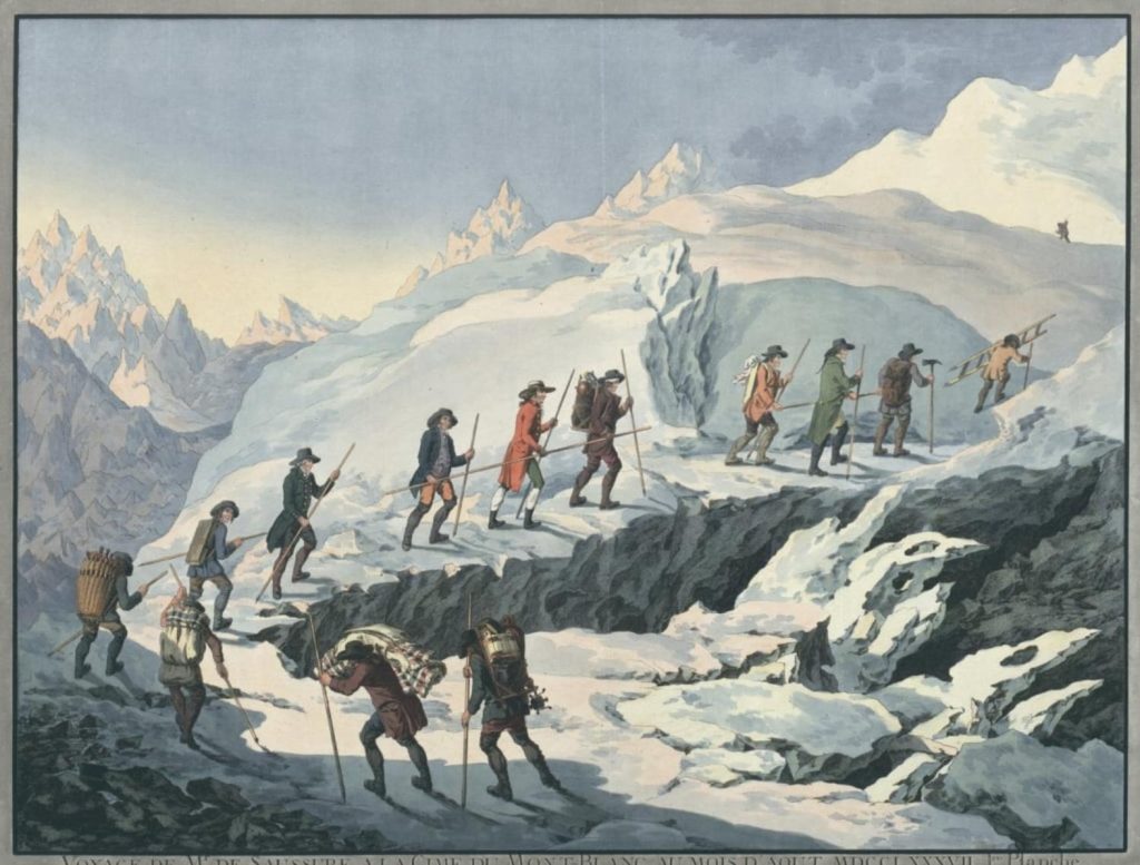 Grabado de la primera ascensión a la cumbre del Mont Blanc